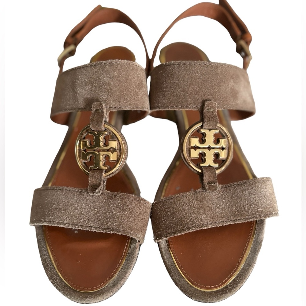 Tory Burch metal Miller two Band Sandal River Rock/Gold womens Size 10M suede